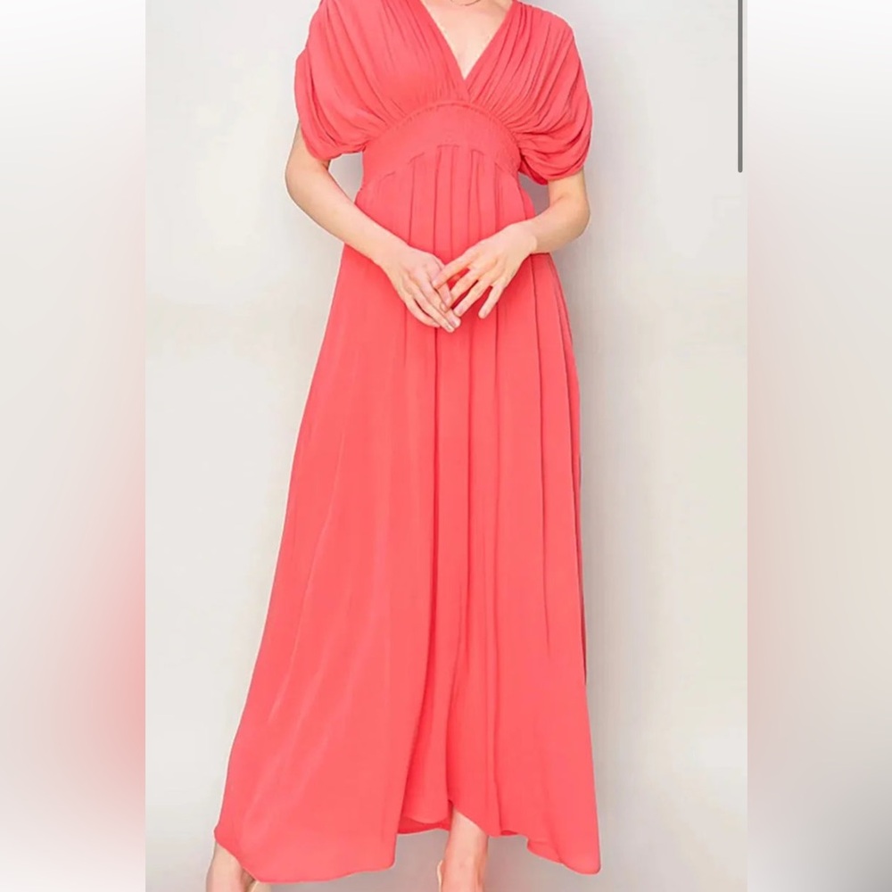 Elegant Coral Grecian Empire Waist Maxi Dress with Pleated Bodice - Picture 3 of 4